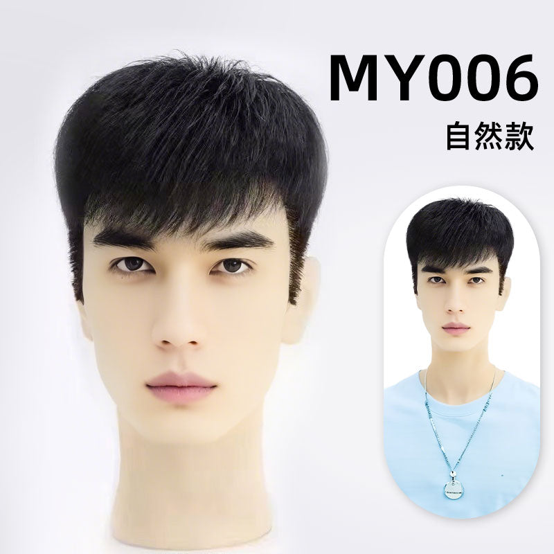 Natural black men's wig MY006 shown on a mannequin with a soft forward fringe