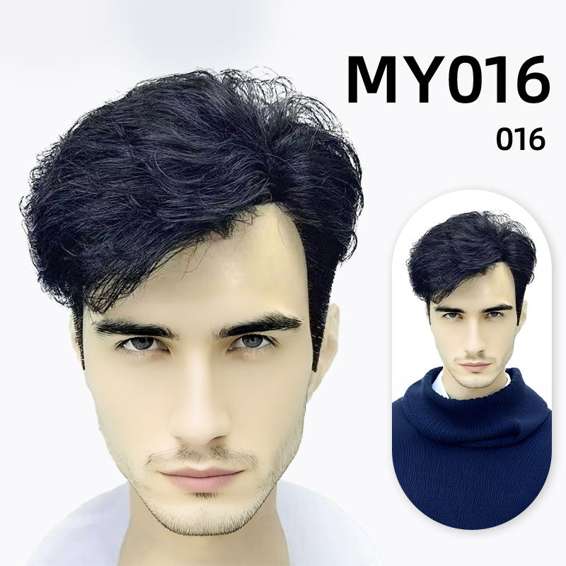 Full black men's wig MY016 shown on a mannequin with refined side-swept waves