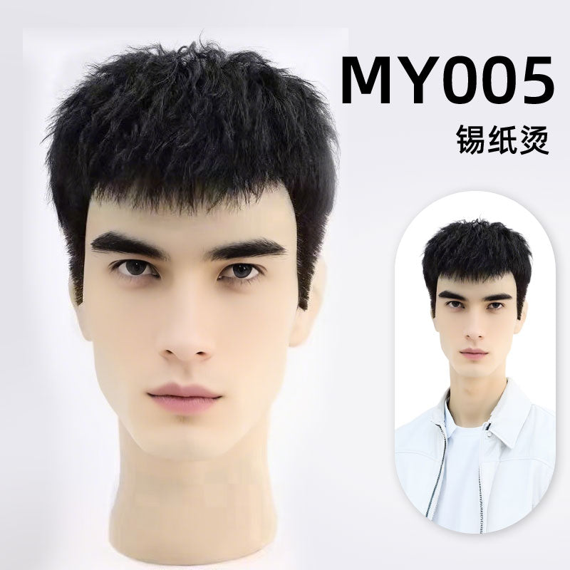 Textured black men's wig MY005 shown on a mannequin with a tousled crop
